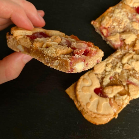 White Chocolate And Raspberry Jammie Dodger Protein Tray Bake
